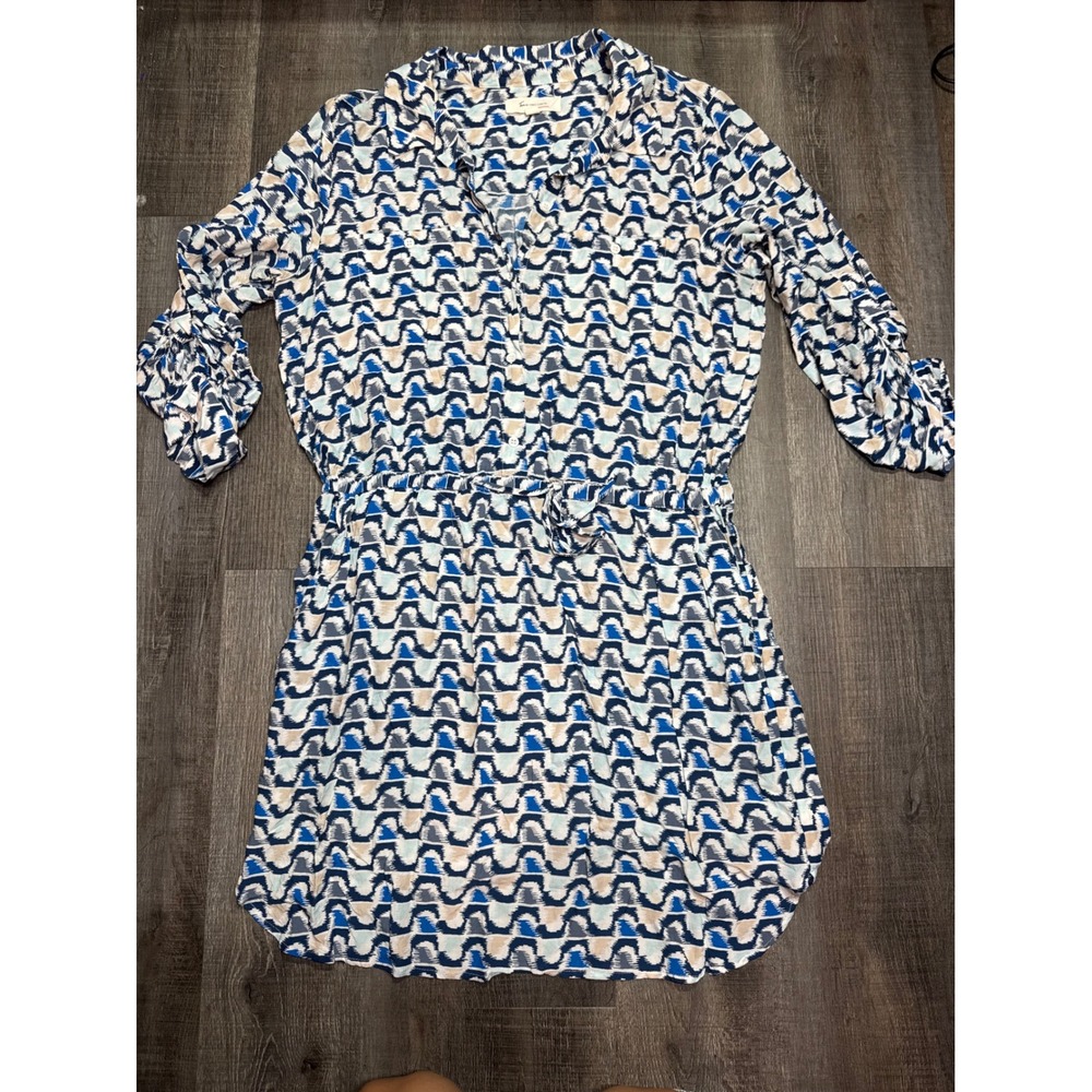 Two by Vince Camuto Blue Geometric Ikat Print Drawstring Waist Shirt Dress M